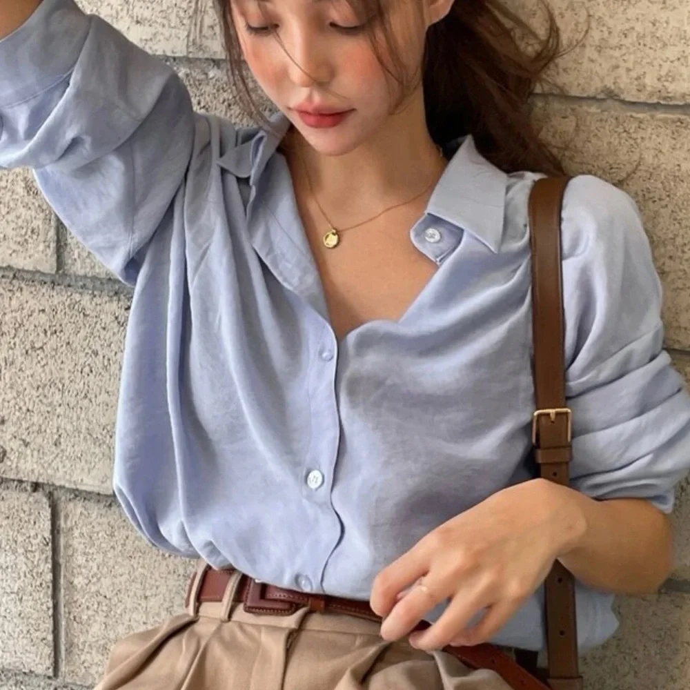 Blouse shirt blue light office casual button collar long sleeve top - Picture 6 of 7
